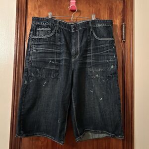 Vintage Ecko Unltd Baggy Fit Dark Wash Blue Paint Denim Jean Short Jorts Mens 38